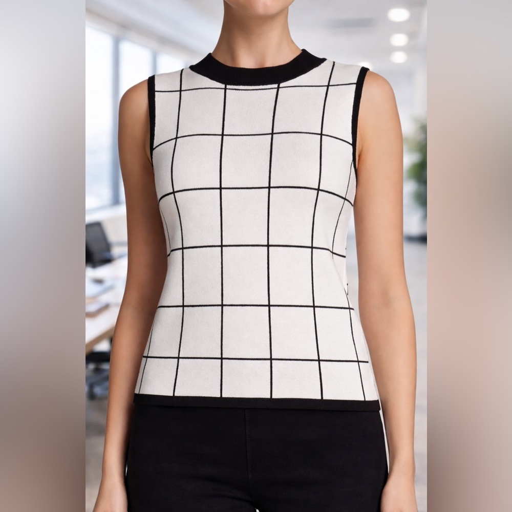 SUSINA BLACK & PEARL WHITE WINDOWPANE KNIT TOP